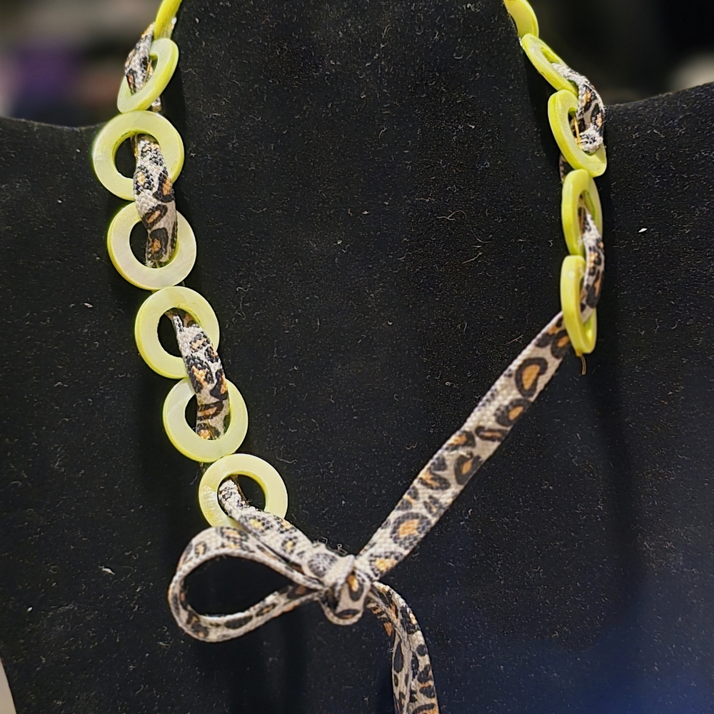 Leopard Print Tie Necklace Choker  with Lime Green Resin Rings